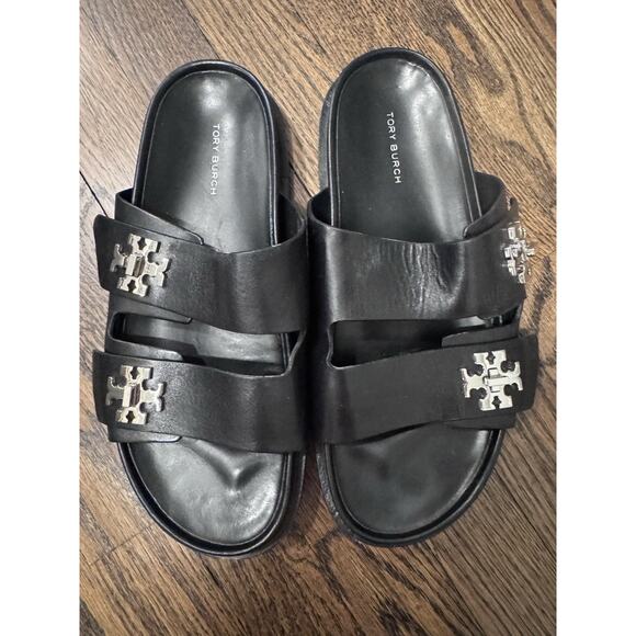 Tory Burch TURNLOCK SPORT SLIDE Black Leather Sz 9.5 Silver Logo Hardware - Picture 3 of 14